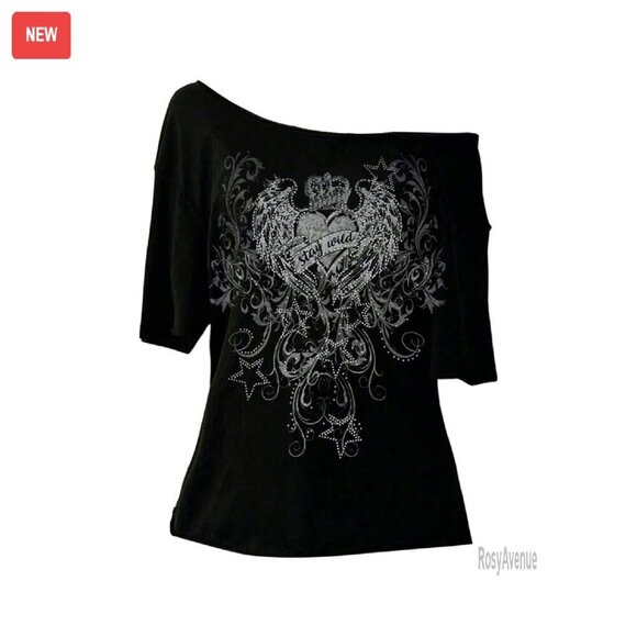 Tops - Oversized Off Shoulder Graphic Tee Short Sleeve Y2K Goth T-Shirt